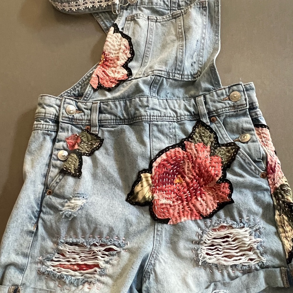 Short overall,  distressed, and hand embellished